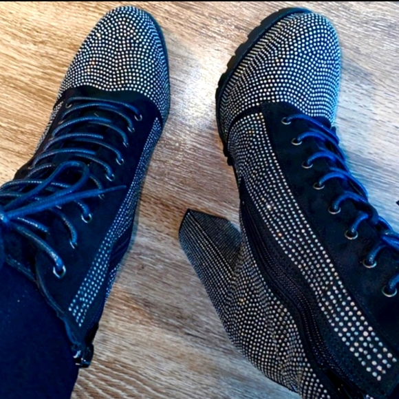 Black rhinestone embellished chunky heel platform boots booties - Picture 2 of 5